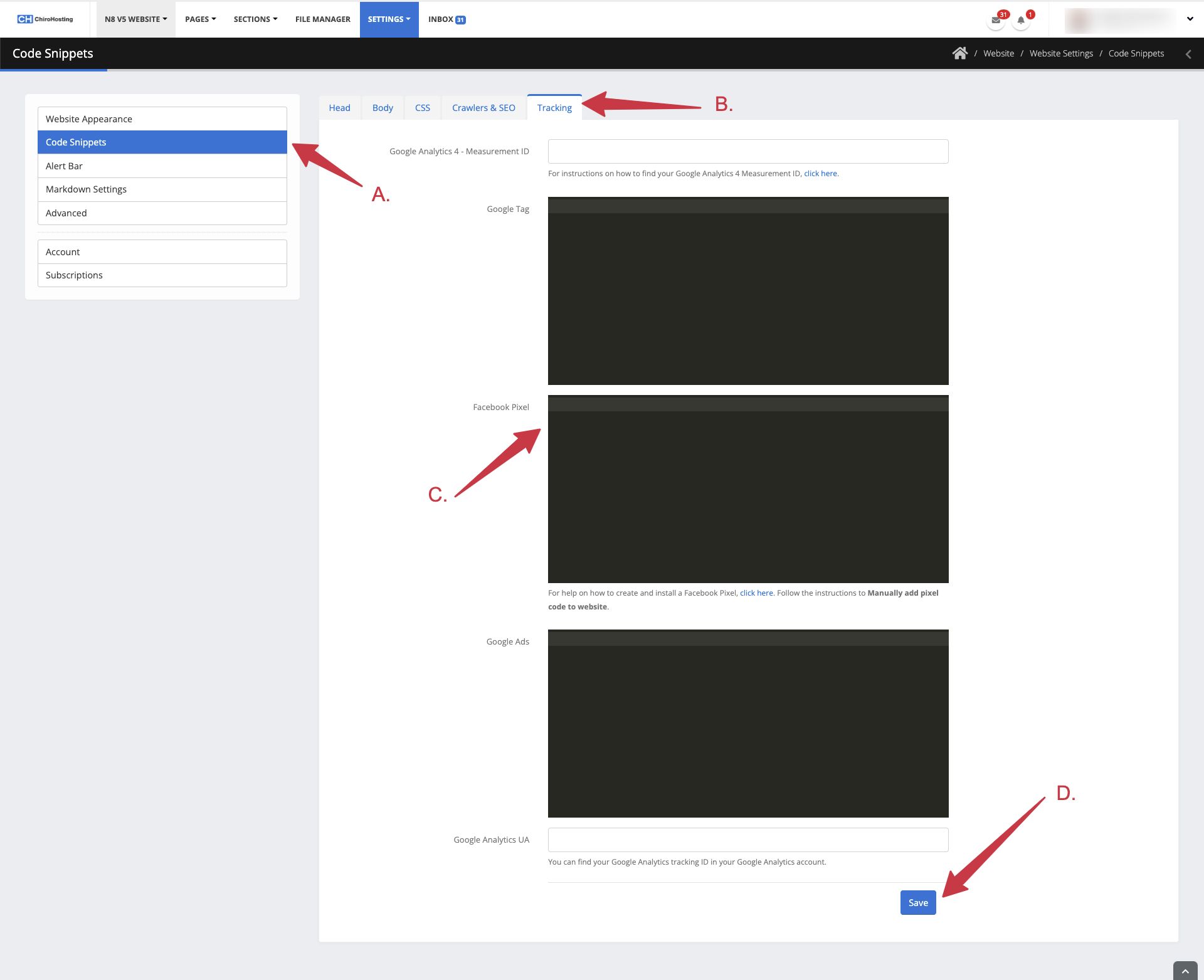 N8 Website: Code Snippets, Tracking, Facebook Pixel, Save